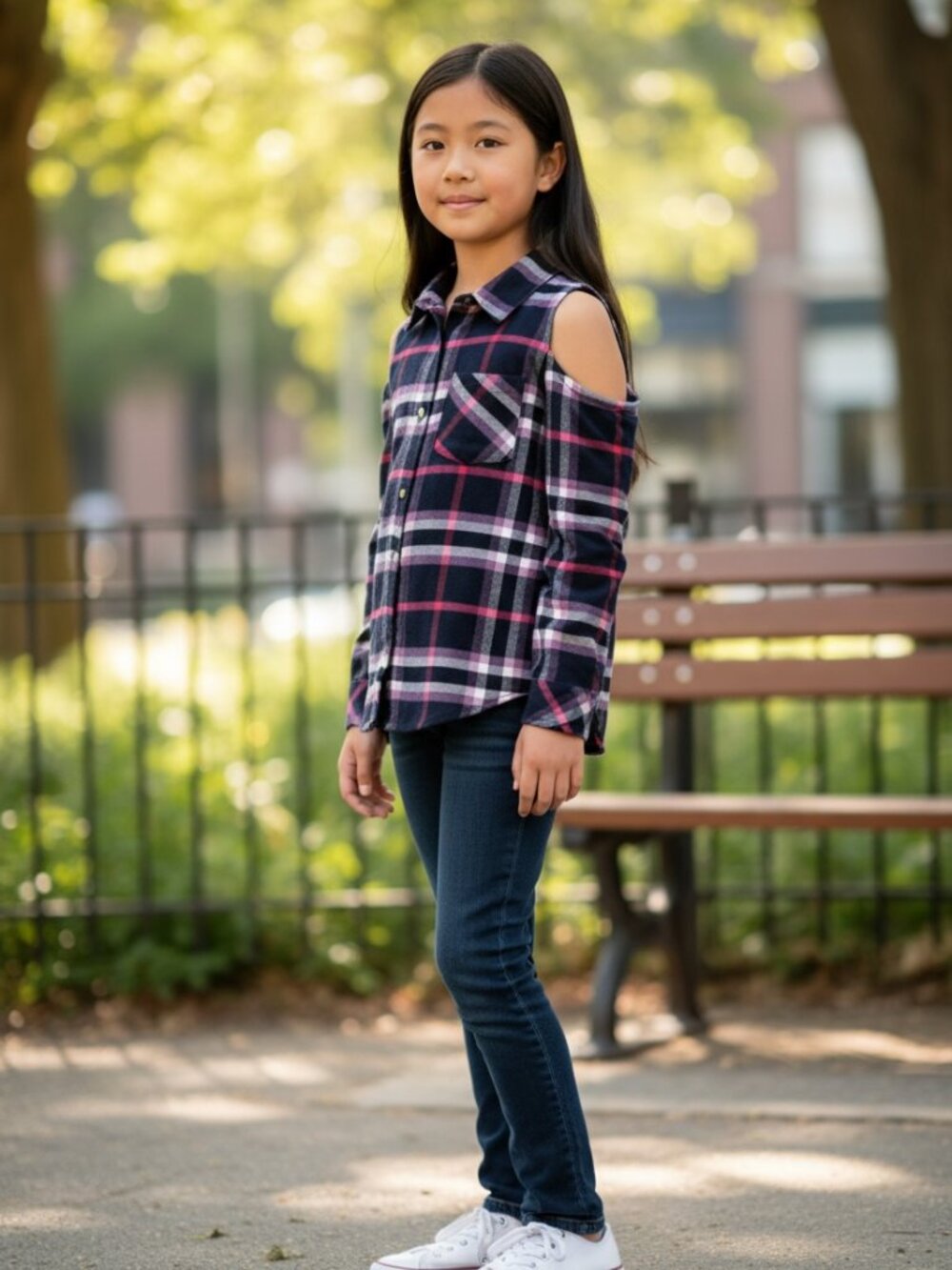 Abercrombie Kids Girls Cold Shoulder Flannel Plaid Shirt Size 9/10 EUC